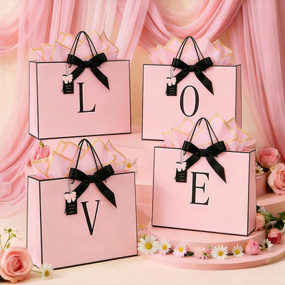 ZUKEPU Birthday Gift Bag, Personalized Initial Pink Gift Bags for Women & Girls, Medium Valentines Gift Paper Bags with Card and Tissue Paper, Stands up perfectly for Weddings, Party & All Holidays (Pink, A-Medium)