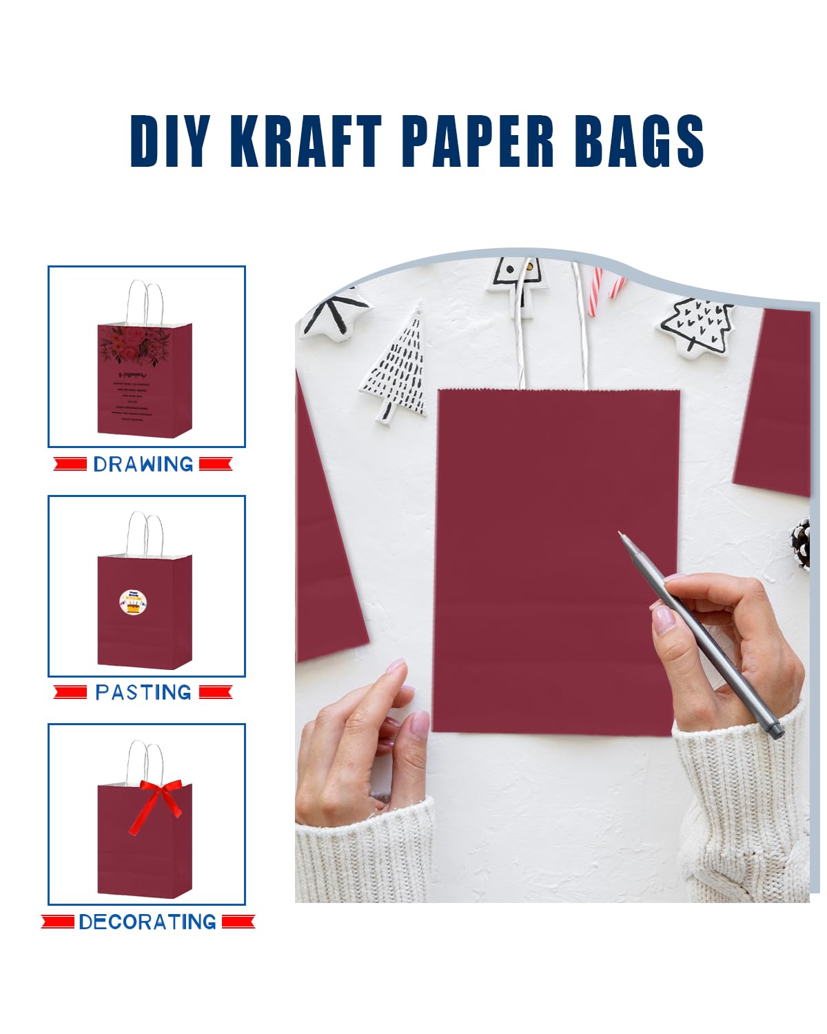 Bakepacker 24Pcs Paper Gift Bag with Handles Bulk Wine Red Paper Bags Multiple Uses (8.3"x6"x3.15", Small Size)