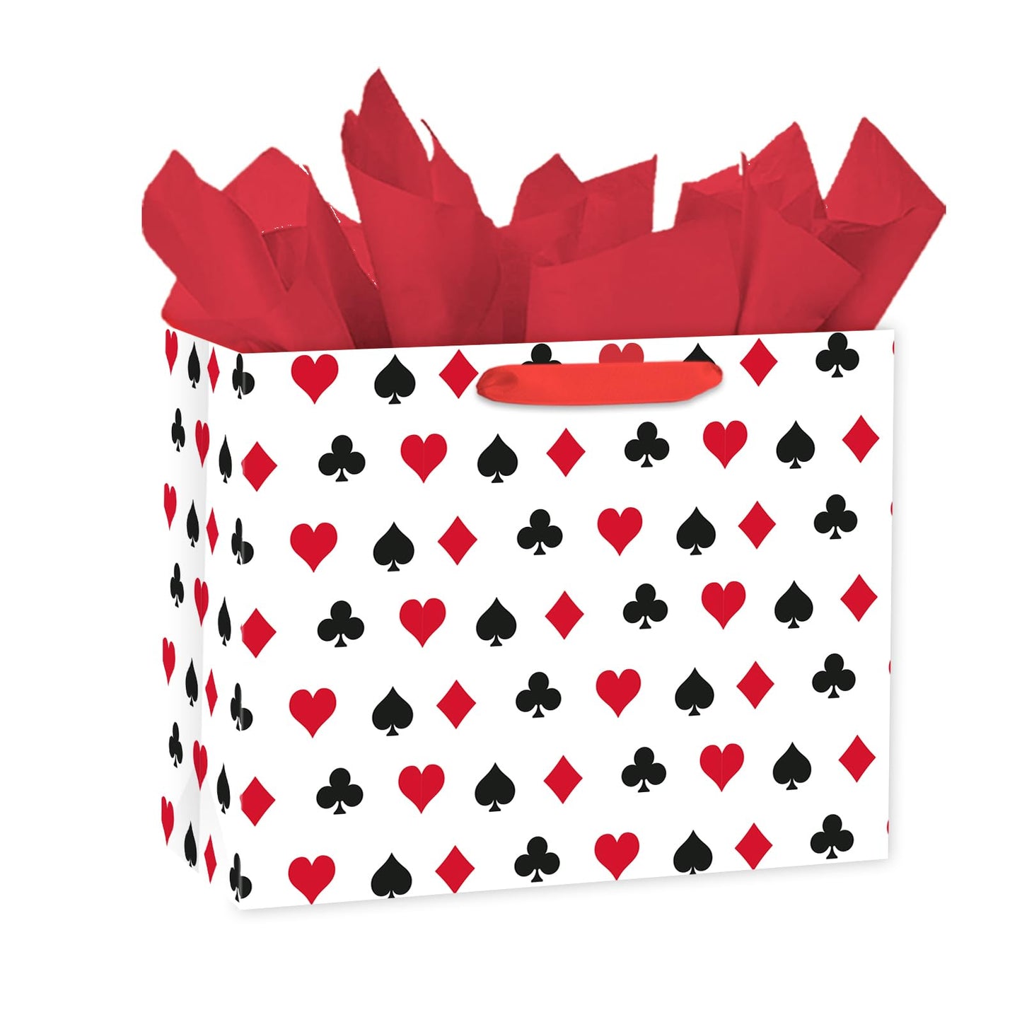 Loveinside 13" Large Funny Poker Gift Bag, Red Black Playing Card Suits Design Gift Bag with Tissue Paper for Poker Night, Las Vegas Party, Birthday, Casino Theme Party, 13" x 5" x 10", 1 Pcs