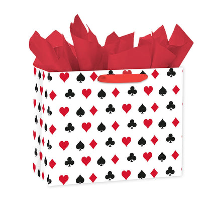 Loveinside 13" Large Funny Poker Gift Bag, Red Black Playing Card Suits Design Gift Bag with Tissue Paper for Poker Night, Las Vegas Party, Birthday, Casino Theme Party, 13" x 5" x 10", 1 Pcs