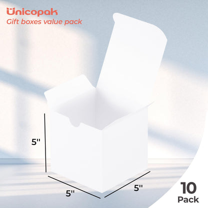 UnicoPak 10 Pack 5x5x5 Gift Boxes, Sturdy Small White Gift Boxes for Presents, Ornaments, Candles, Mugs, Easy Pop-up Assembly, Ideal for Birthday Christmas Party Business