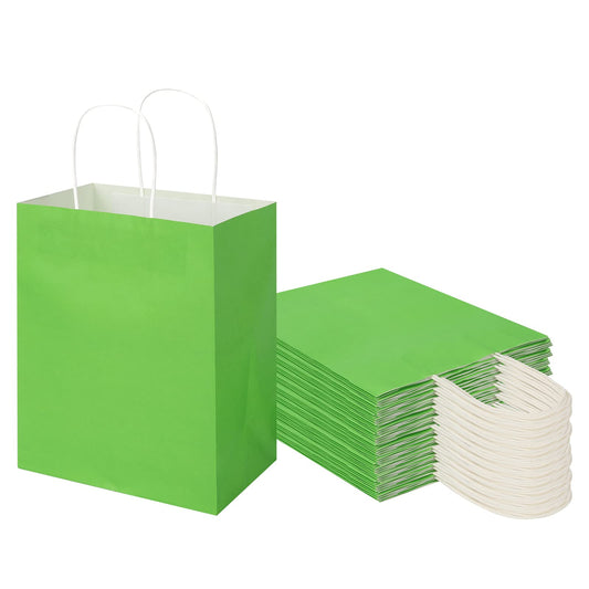 Toovip 50 Pack 8x4.75x10 Inch Medium Grass Green Kraft Paper Bags with Handles Bulk, Gift Bags for Birthday Party Favors Retail Grocery Shopping Business Goody Craft Merchandise Take Out Sacks