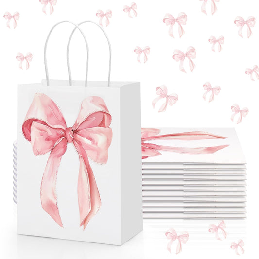 Draupnir 12PCS Coquette Pink Bow Paper Gift Bags, Party Favor Bags, Pink Goodie Bags for Birthday&Bachelorette Party Decoration Coquette Bow Gift Pouches with Handles 8.3x5.9x3.1 Inch