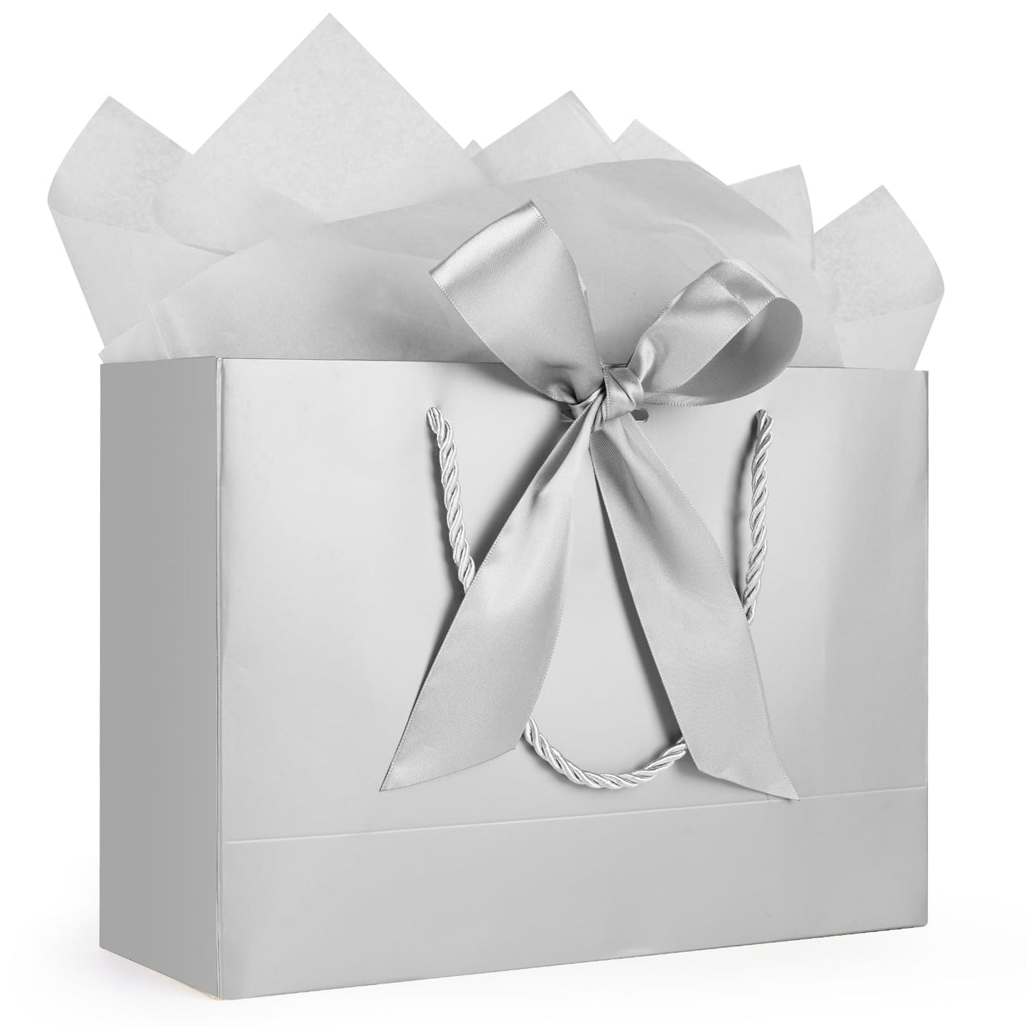 Gfractolux Large Gift Bags for Present, 1 Pcs Gift Bags for Women Men with Tissue Paper and Cards, Gift Bags for Birthdays, Baby Shower, Wedding, Party, Holiday Presents 14.2" x 9.8" x 4.7" (Silver)