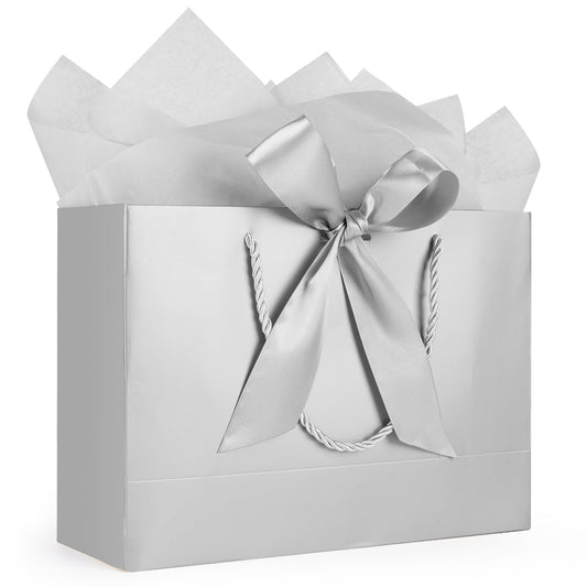 Gfractolux Large Gift Bags for Present, 1 Pcs Gift Bags for Women Men with Tissue Paper and Cards, Gift Bags for Birthdays, Baby Shower, Wedding, Party, Holiday Presents 14.2" x 9.8" x 4.7" (Silver)