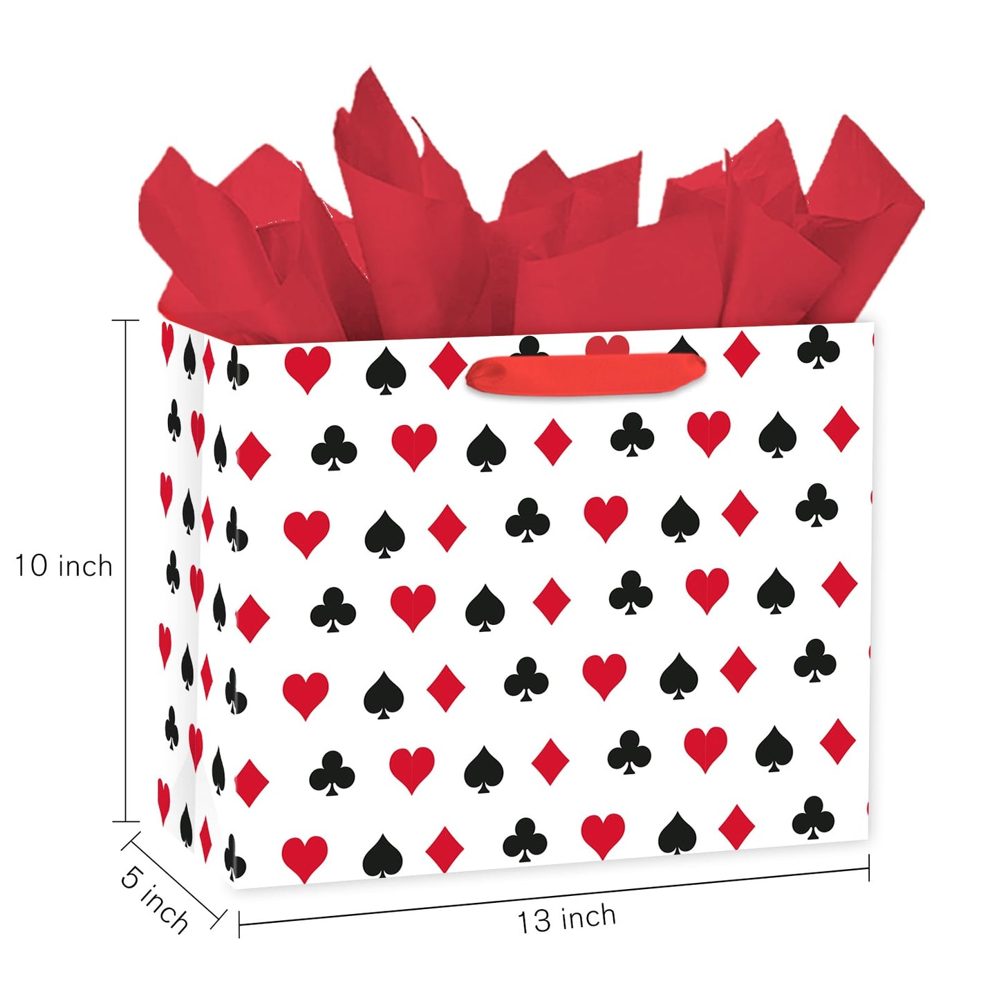 Loveinside 13" Large Funny Poker Gift Bag, Red Black Playing Card Suits Design Gift Bag with Tissue Paper for Poker Night, Las Vegas Party, Birthday, Casino Theme Party, 13" x 5" x 10", 1 Pcs