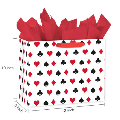 Loveinside 13" Large Funny Poker Gift Bag, Red Black Playing Card Suits Design Gift Bag with Tissue Paper for Poker Night, Las Vegas Party, Birthday, Casino Theme Party, 13" x 5" x 10", 1 Pcs