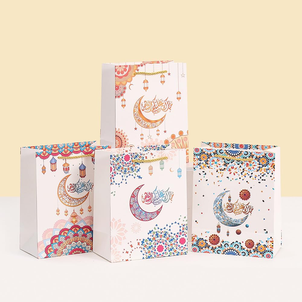 Colodeol 4 Pcs Large Eid Mubarak Gift Bags, Ramadan Gift Bags Paper Eid Bags with Handles Ramadan Treat Party Favors Supplies Eid Party Decoration