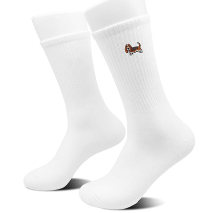 Basset Hound Socks for Women or Men - Cute Cartoon Basset Dog Design Embroidery White Crew Socks.(029)
