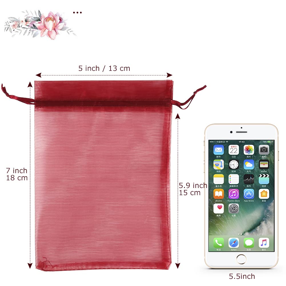 HRX Package 100pcs Organza Bags Burgundy Red, 5x7 inch Mesh Drawstring Gift Bags Jewelry Pouches for Christmas Candy Party Favor