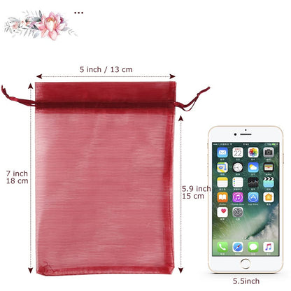 HRX Package 100pcs Organza Bags Burgundy Red, 5x7 inch Mesh Drawstring Gift Bags Jewelry Pouches for Christmas Candy Party Favor