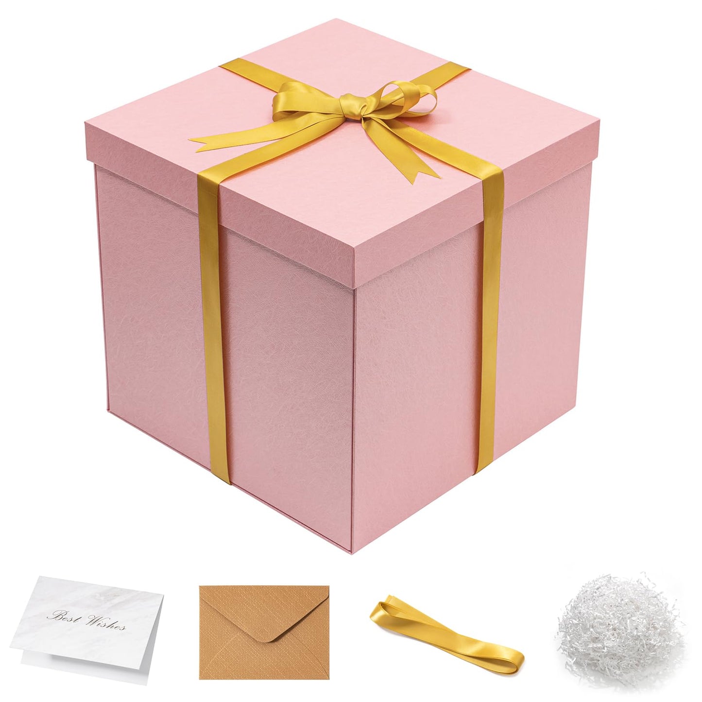 Mefleet Large Gift Box with Lid for Presents 12x12x12 Inches Extra Big Deep Square Pink Boxes 1 Pack for Christmas, Birthday, Valentine's Day, Mother's Day - Contains Crinkle Paper, Ribbon and Card