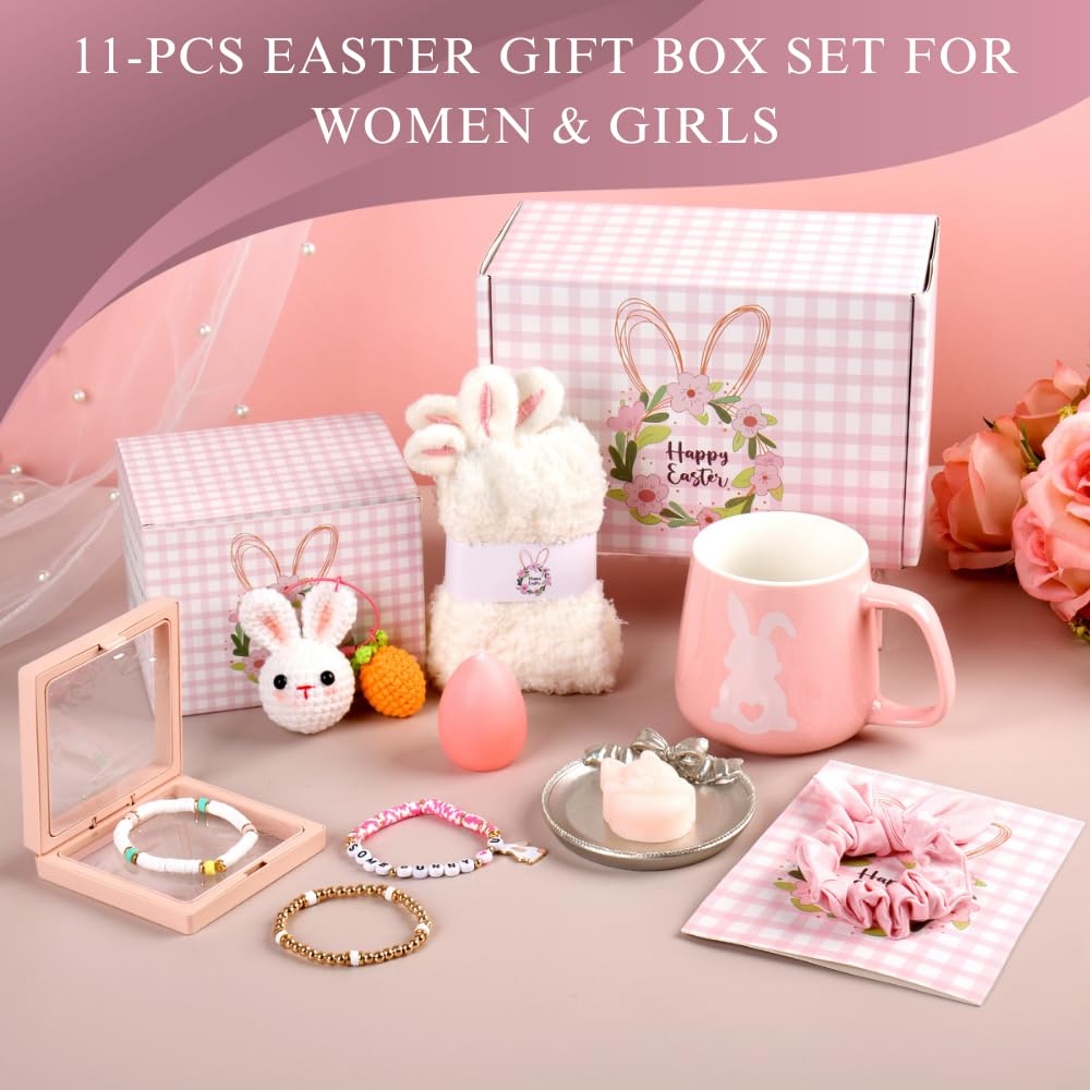 Teen Easter Basket Stuffers for Teen Girls & Women 11 pieces – Bunny Gift Set with Easter Tumbler, Coffee Mug & Bracelet, Cute Spring Gifts