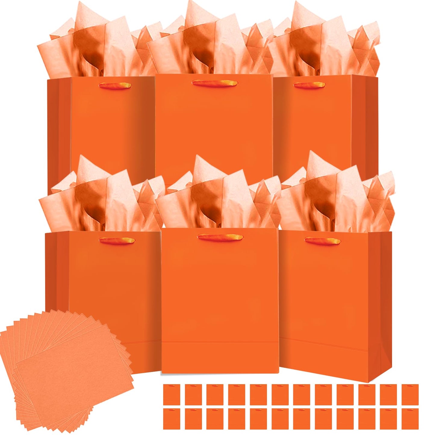 qiqee 24pcs Bright Orange Gift Bags with Tissue Paper for Wedding, Birthday, Party Supplies-7.9"x4.3"x9.6" Medium Size Cardboard Gift Bags（24pcs Bags + Tissue Paper ）