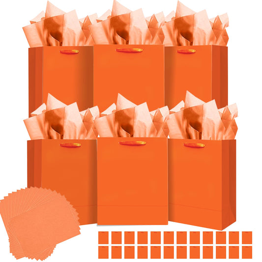 qiqee 24pcs Bright Orange Gift Bags with Tissue Paper for Wedding, Birthday, Party Supplies-7.9"x4.3"x9.6" Medium Size Cardboard Gift Bags（24pcs Bags + Tissue Paper ）