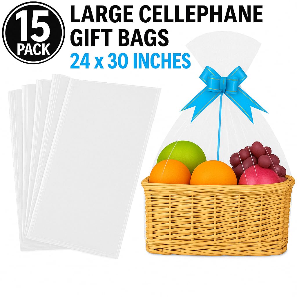 Petutu 15 Pack Large Clear Cellophane Gift Bags for Baskets (24"x30") – 2 Mil Thick Basket Wrap for Gift Packaging, Transparent Wrapping for Christmas, Weddings, Baby Showers, Birthdays & More