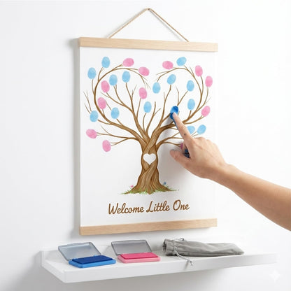 Fingerprint Tree Canvas Guestbook for Gender Reveal, 12x15 in Party Sign-in Keepsake Wall Art, Pink & Blue Ink Pads Included, Plush Storage Bag, Baby Shower Guest Book Alternative