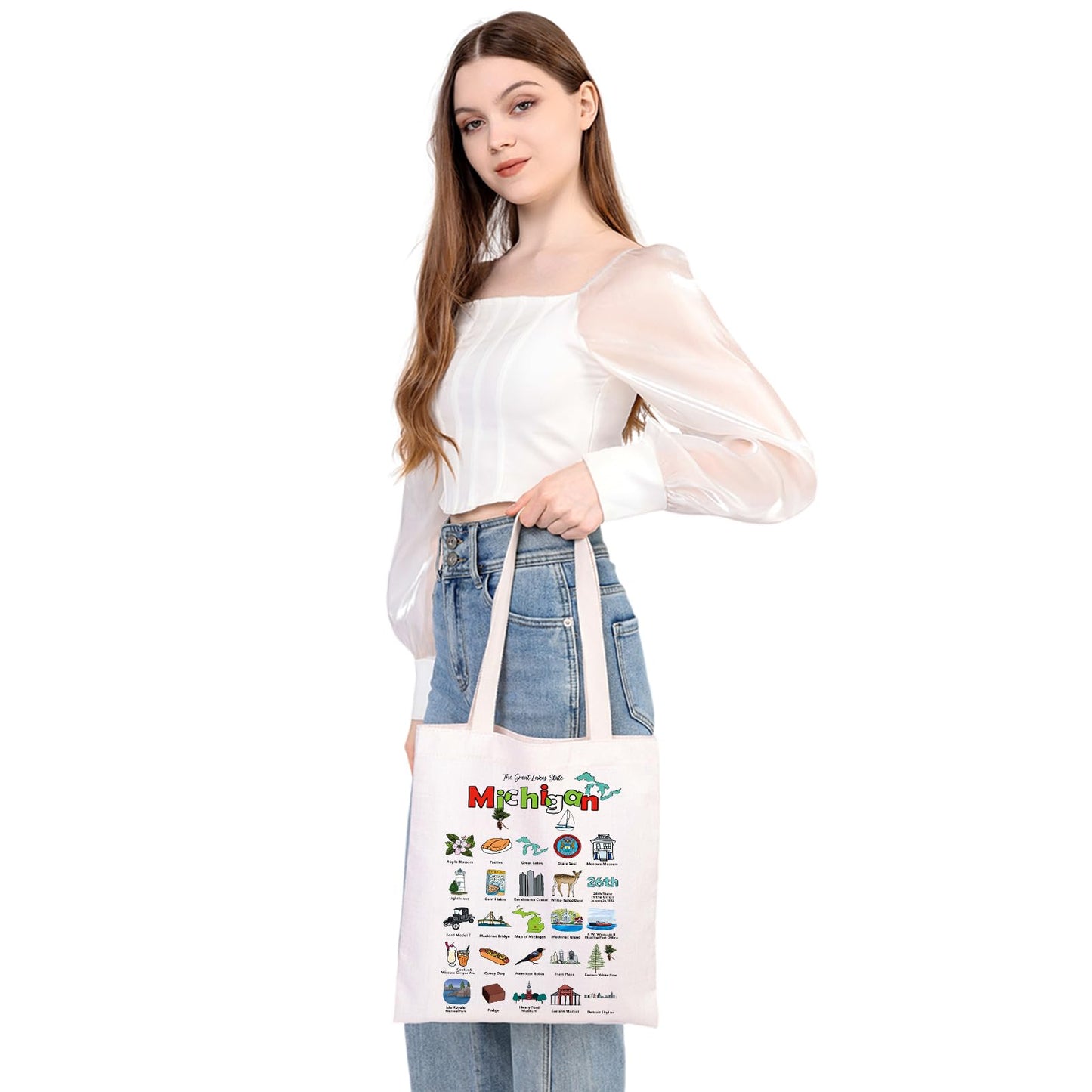 MEIKIUP Michigan Gift The Great Lakes State Michigan Canvas Tote Bag Michigan Vacation Shoulder Bag Michigan Shopping Bags