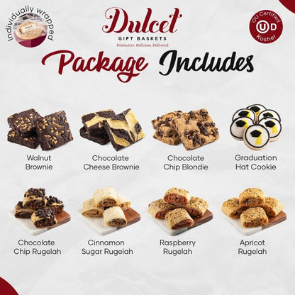Dulcet Present Baskets Classic Graduation Present Basket -With Fudge Brownies, Flaky Rugelah, Gradation Hat Cookies- Great Graduation Present for All Ages - Him, Her, Adults, College Students