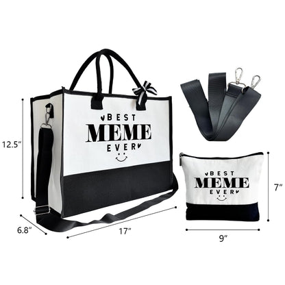Canvas Beach Tote Bag for Women - Gift for Best Meme Ever, Birthday Present, Mother's Day - Outing Bag With Inner Pocket & Make Up Bag