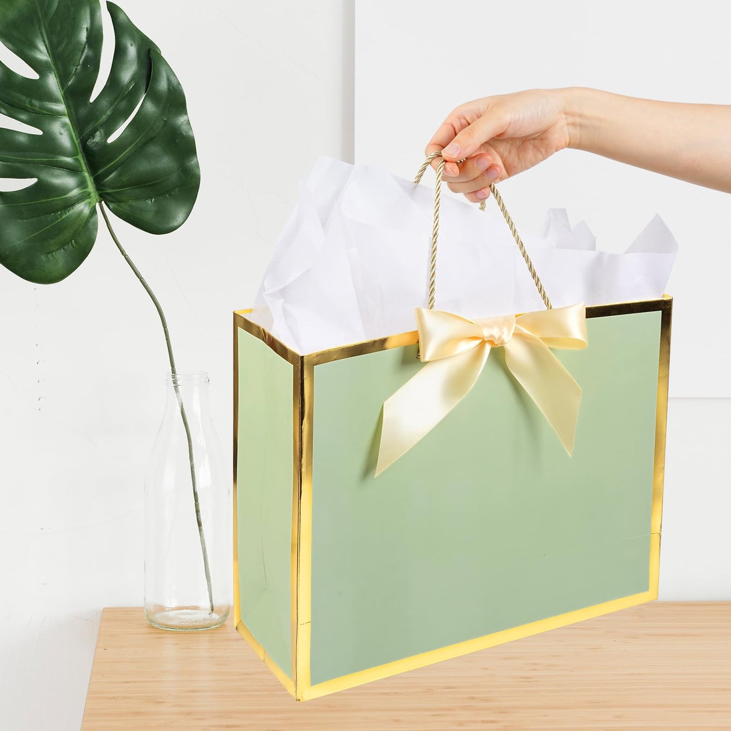 Plauthus Sage Green Gift Bag with Ribbon, 13" Large Gift Bag with Handle, Greeting Card & 2 Tissue Paper（Gold Foil Frame） for Baby, Baby Shower, Weddings, Bridal Showers, Engagements, Any Occasion