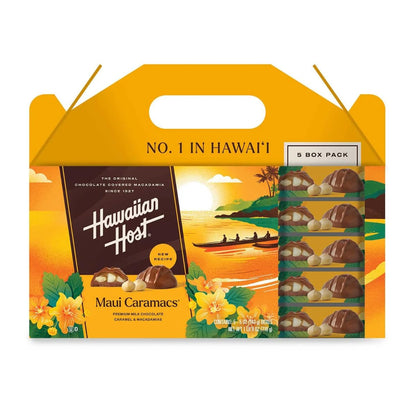 Hawaiian Host Maui Caramacs – 5oz Gift Boxes, Pack of 5 | Milk Chocolate Covered Macadamias with Creamy Caramel & Sea Salt