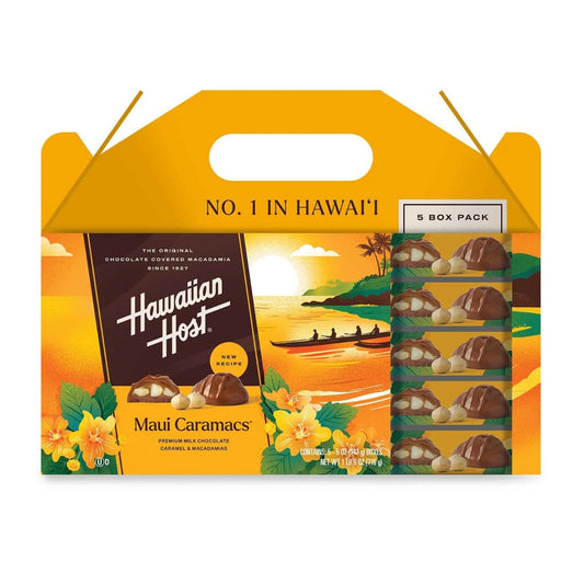 Hawaiian Host Maui Caramacs – 5oz Gift Boxes, Pack of 5 | Milk Chocolate Covered Macadamias with Creamy Caramel & Sea Salt