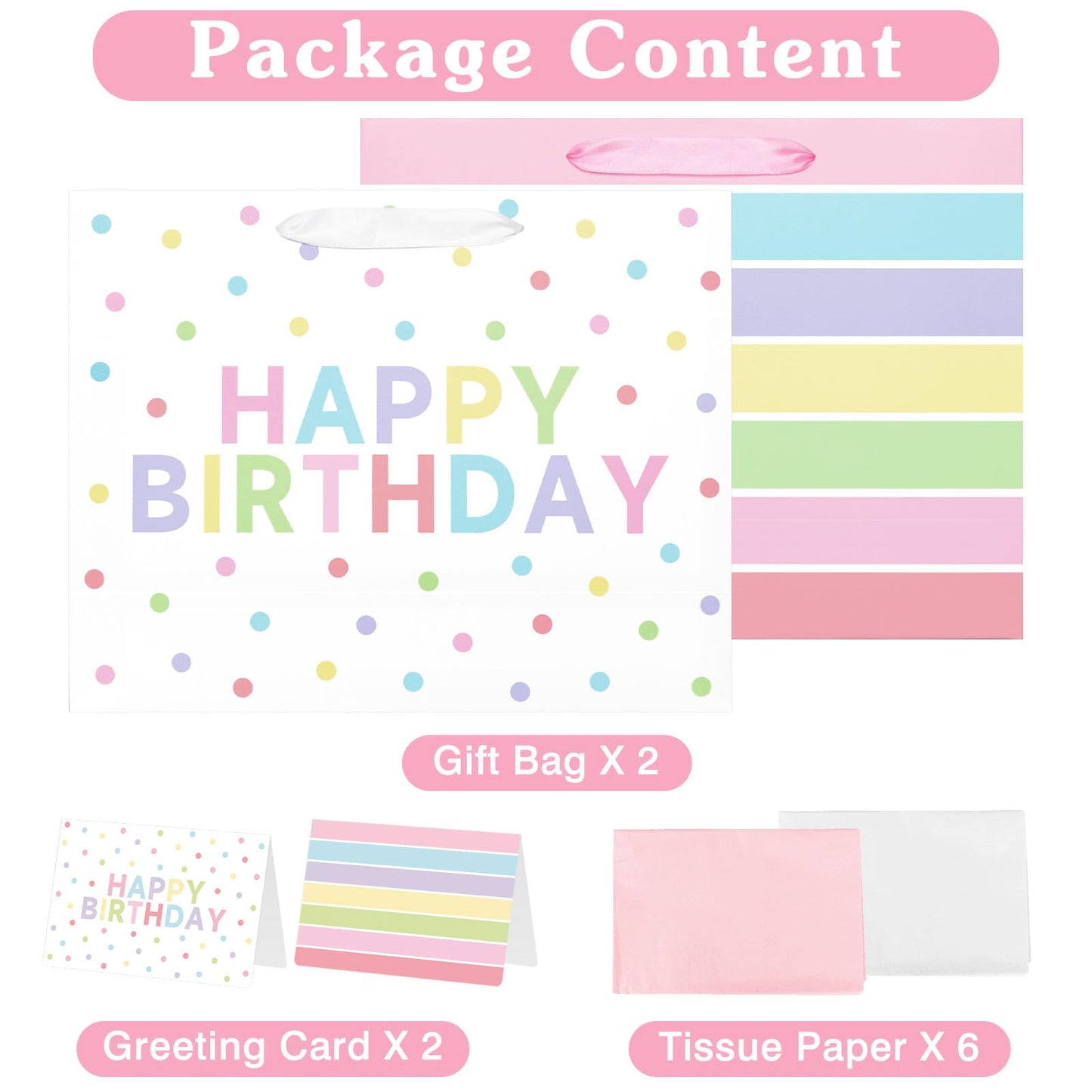 Laidans 2-Pack 13" Large Happy Birthday Gift Bags Party with Tissue Paper, Cards for Girls Women Birthday Party Favors Wrap