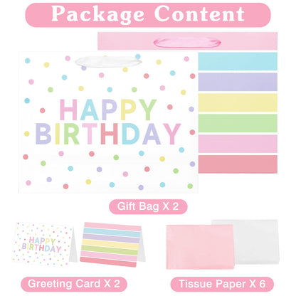 Laidans 2-Pack 13" Large Happy Birthday Gift Bags Party with Tissue Paper, Cards for Girls Women Birthday Party Favors Wrap