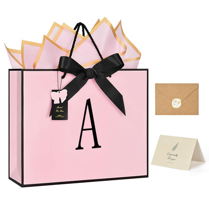 ZUKEPU Birthday Gift Bag, Personalized Initial Pink Gift Bags for Women & Girls, Medium Valentines Gift Paper Bags with Card and Tissue Paper, Stands up perfectly for Weddings, Party & All Holidays (Pink, A-Medium)
