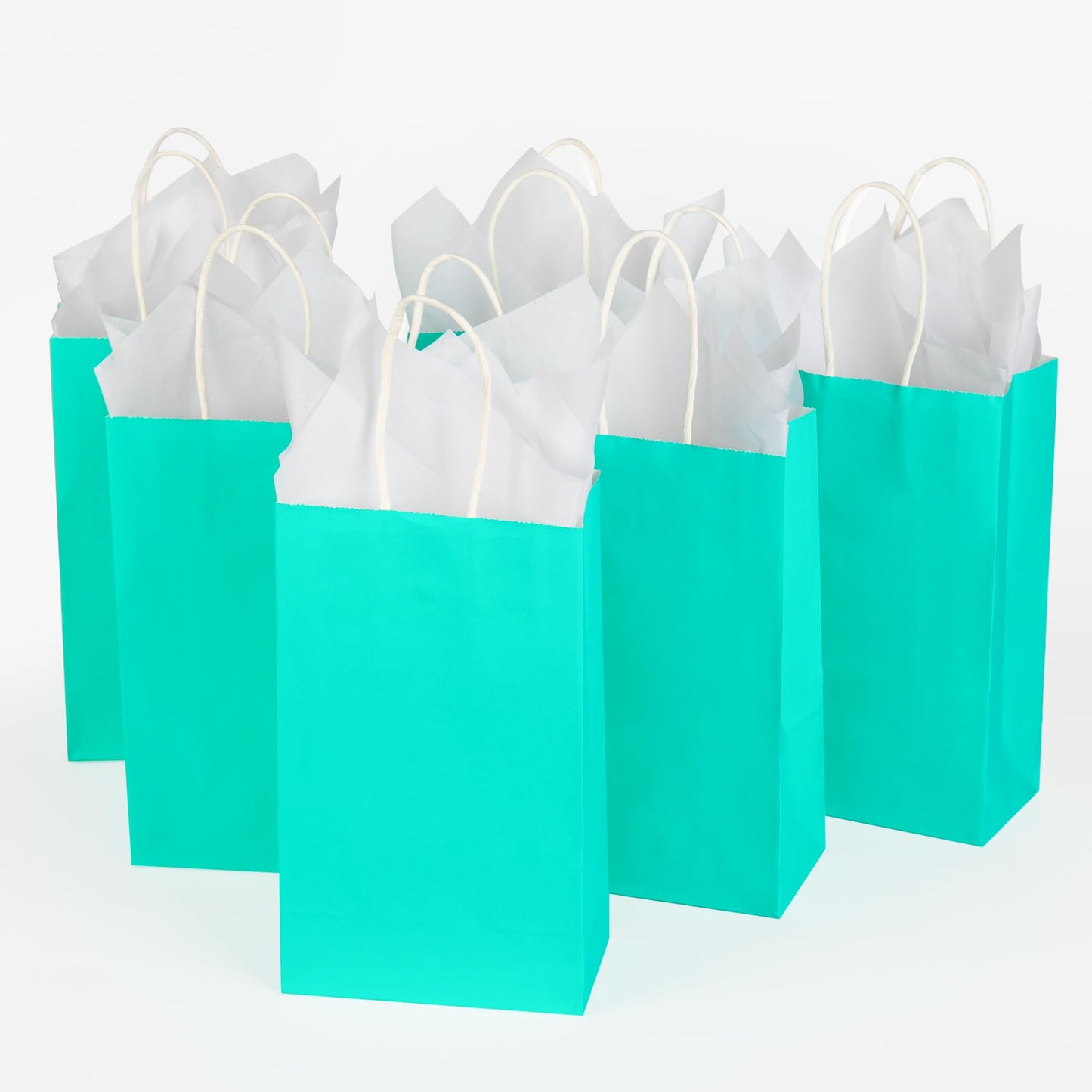 DjinnGlory 100 Pack Small Size Teal Blue Paper Gift Bags with Handles Bulk 9x5.5x3.15 Inch for Holiday Birthday Wedding Baby Shower Party Favors, Business Merchandise Shopping Bags