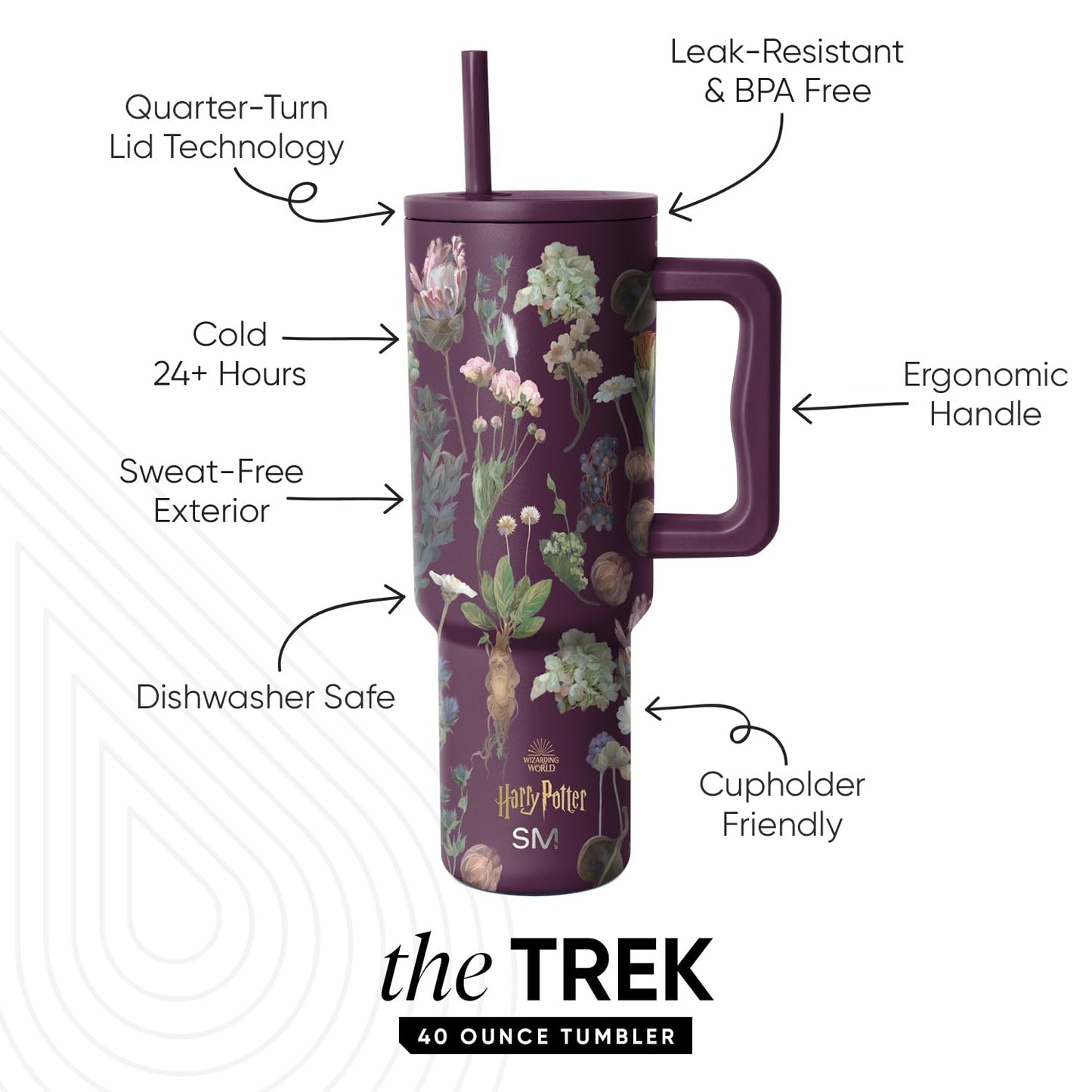 Simple Modern Harry Potter 40 oz Tumbler with Handle and Straw Lid | Insulated Reusable Stainless Steel Water Bottle Travel Mug | Gift for Women Men Him Her | Trek Collection | 40oz | Herbology