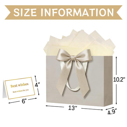 Laidans 13" Gift Bag with Handles and Bow Ribbon, Large Gift Bag with 3 Tissue Paper and 1 Card for Birthdays, Baby Showers, Wedding, Bridal Showers, Mother's Day (Champagne)