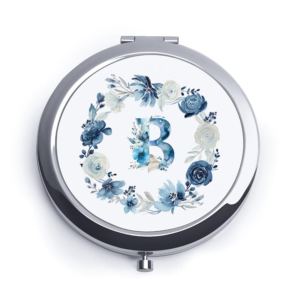 Personalized Gift for Women Girls Her, Custom Gifts for Adult Teen, Floral Monogram Alphabet Initial Compact Mirror for Birthday, Graduation, Mothers Day, Basket Stuffers