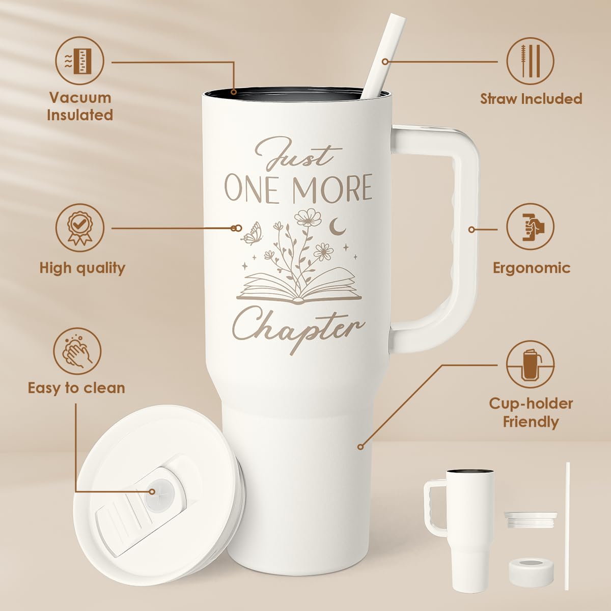SANDJEST Book Lover Gifts for Women, Just One More Chapter Tumbler with Handle, Stainless Steel Insulated Coffee Travel Mug Cup, Gifts for Women Girls Bookworm on Christmas Birthday, 40oz