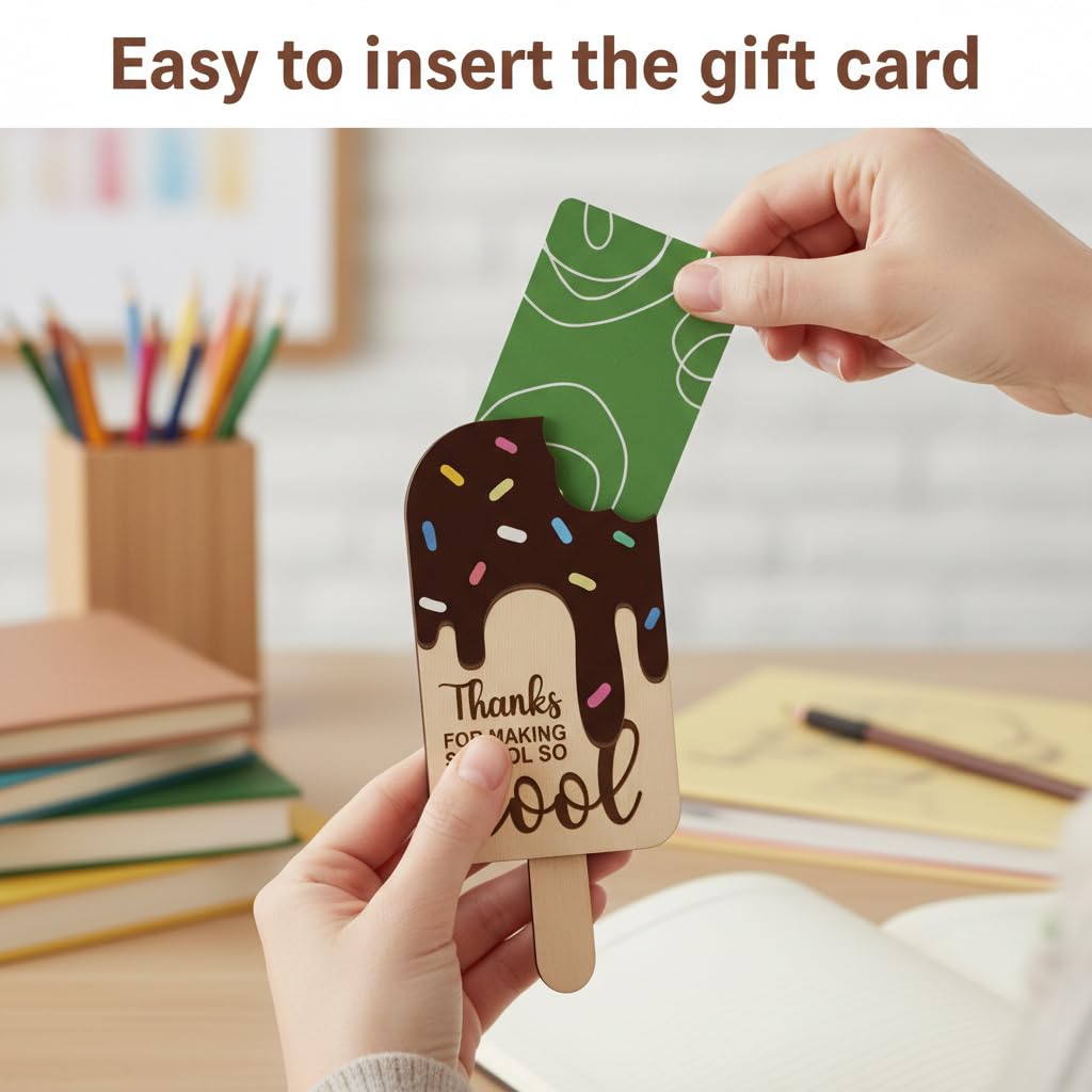 School is Cool Set 2 Pieces 3D Wooden Ice Cream Teacher Gift Card Holder, Teacher Appreciation Gift, Thank You Keepsake for Educators, End of Year & Back to School Surprise (Chocolate)
