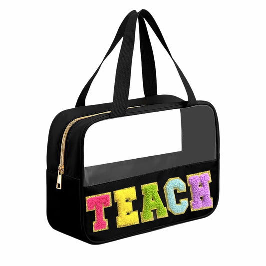 Kovewon Teacher Appreciation Gifts, Chenille Letter Teacher Tote Bag with Handle and Zipper, Waterproof Nylon Portable Makeup Toiletry Bag