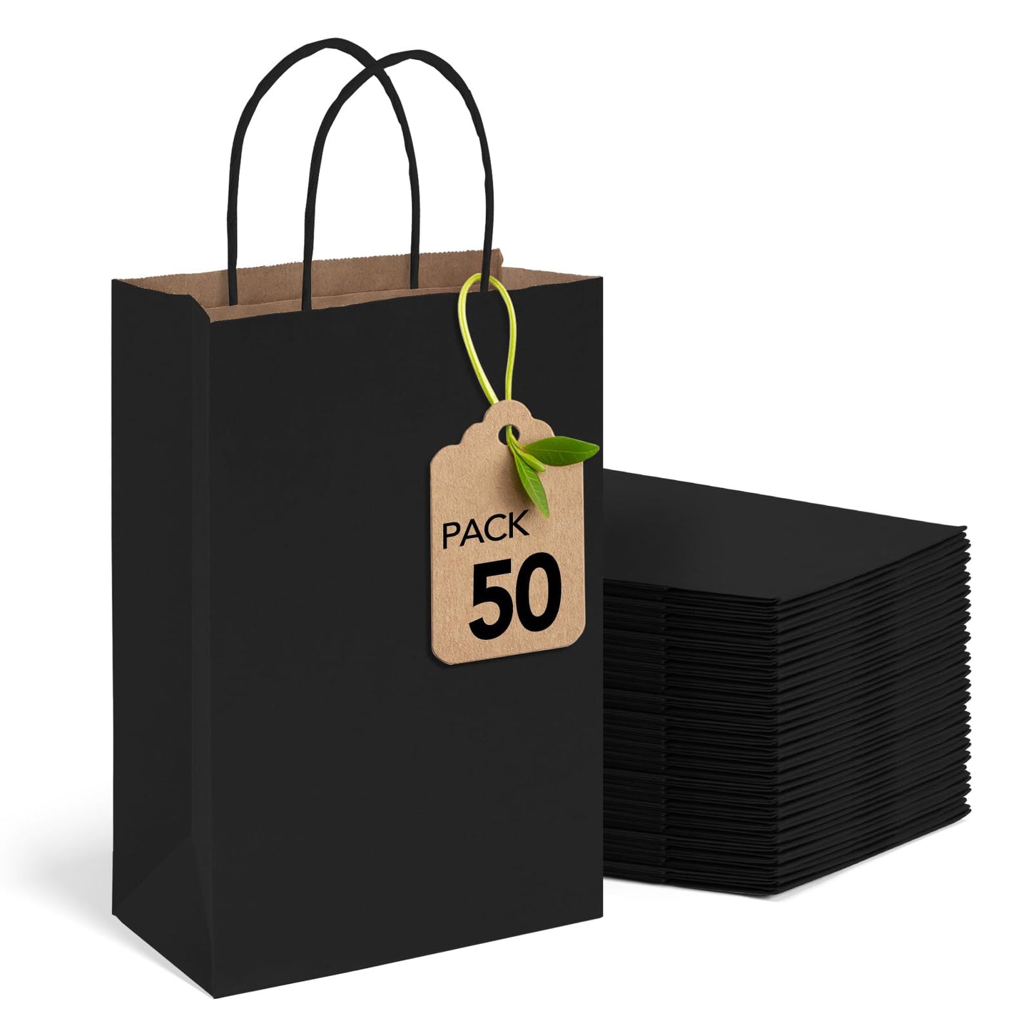 MESHA Black Gift Bags 5.25x3.75x8 Inch 50 Pack Small Black Paper Bags with Handles Bulk for Small Business Birthday Wedding Party Favor