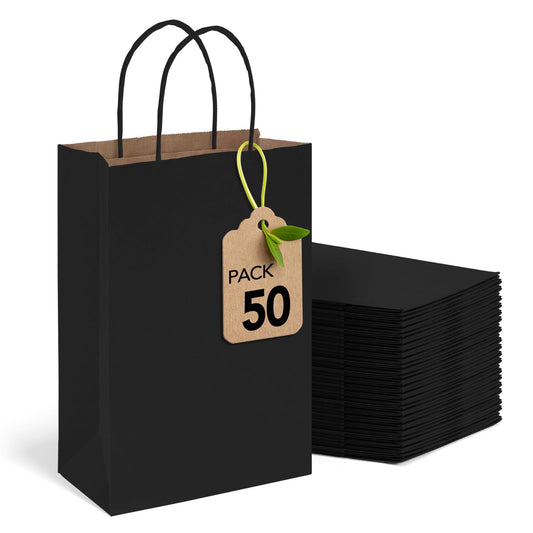 MESHA Black Gift Bags 5.25x3.75x8 Inch 50 Pack Small Black Paper Bags with Handles Bulk for Small Business Birthday Wedding Party Favor
