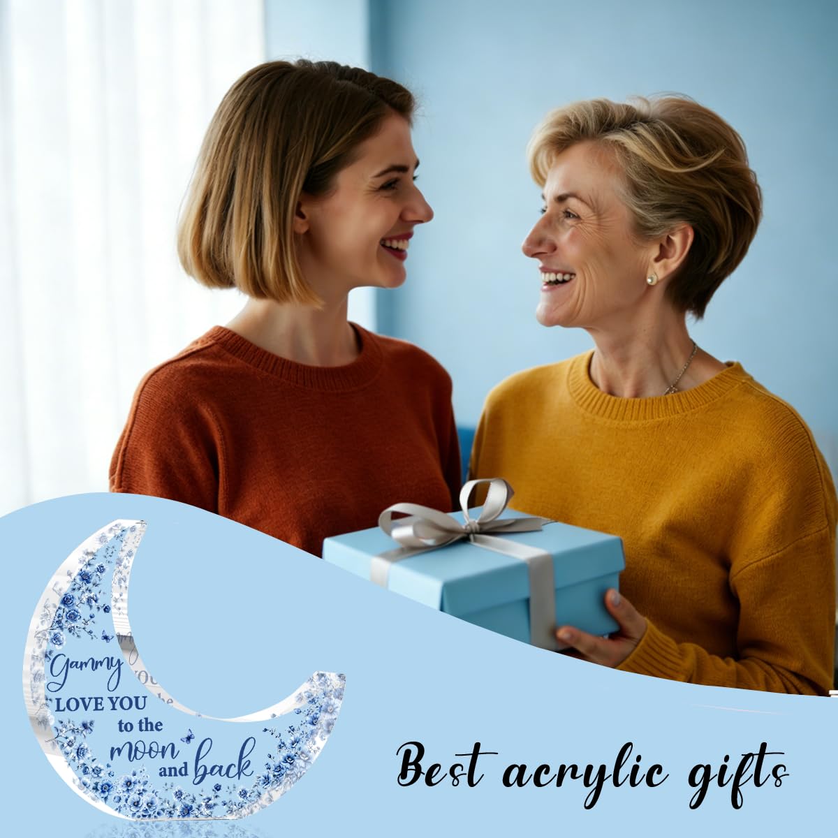 Gammy Gifts, Mothers Day Birthday Gifts for Grandma, Moon Acrylic Desk Decorations, Retirement Appreciation Gift for Women Granny Nana, Blue Floral Acrylic Plaque for Office Bedroom Decor