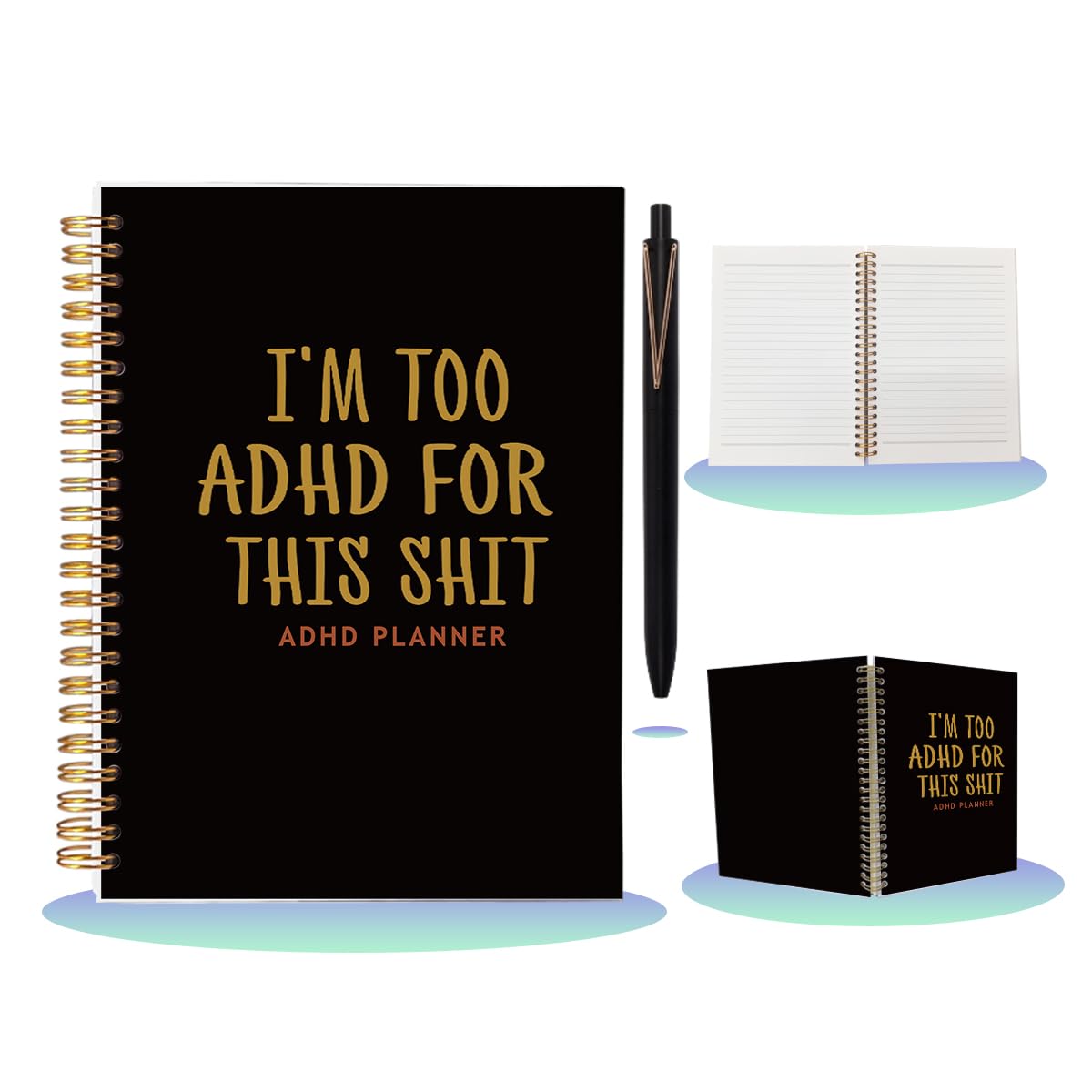 ADHD Planner for Adults Women - Funny A5 Spiral Notebook & Pen Set, Executive Functioning Journal, Sarcastic Office Must Haves, 80 Sheets College Ruled, Neurodivergent Gift, Black & Gold