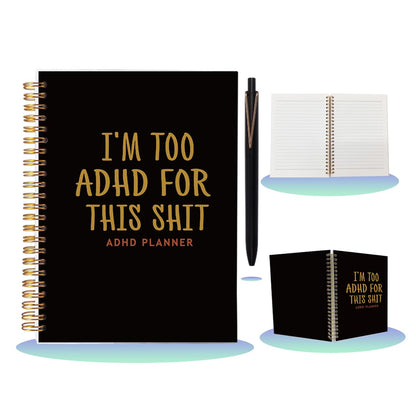 ADHD Planner for Adults Women - Funny A5 Spiral Notebook & Pen Set, Executive Functioning Journal, Sarcastic Office Must Haves, 80 Sheets College Ruled, Neurodivergent Gift, Black & Gold