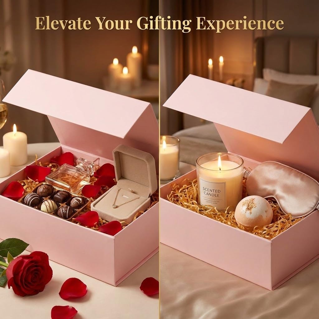 Rsgift Pink Gift Boxes,Collapsible 9.7x7.2x3.3 Inch Gift Box with Lids,Magnetic Closure Matte Textured Finish Box for Wedding,Birthday,Mother's day,Christmas