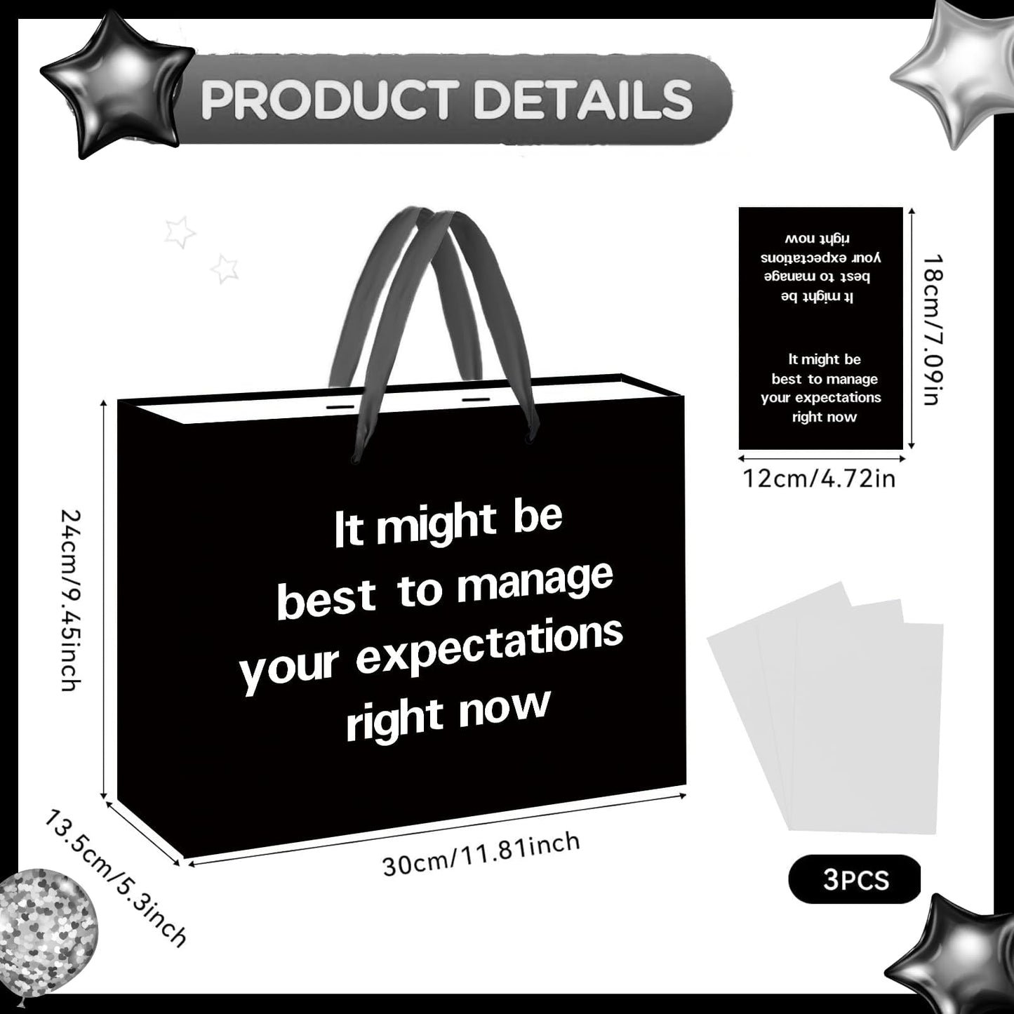SolarGlory Black Funny Gift Bag with Card and Tissue Paper - Sarcastic Manage Your Expectations Design - White Wrapping Paper - Perfect for Prankgifts, Officegifts, Birthday & Humor Enthusiasts