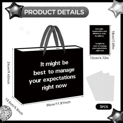 SolarGlory Black Funny Gift Bag with Card and Tissue Paper - Sarcastic Manage Your Expectations Design - White Wrapping Paper - Perfect for Prankgifts, Officegifts, Birthday & Humor Enthusiasts