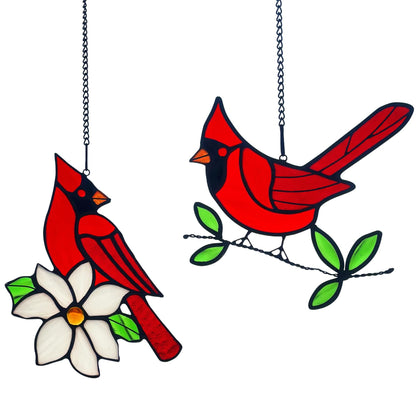 2 Packs Stained Glass Red Cardinal Memorial Gifts for Women, Stained Glass Window Hanging, Red Cardinal on Branch Ornament Suncatcher, Handmade Bird Decor Gift for Mom, Bird Lover