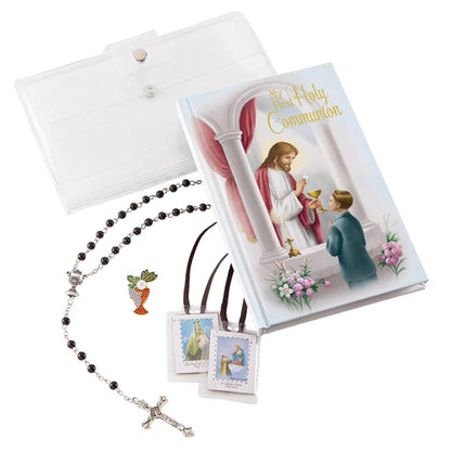 Needzo Boys First Communion Gift Set, Snap Wallet with Scapular, Rosary, Lapel Pin, and Mass Book, All in One, 4 Items