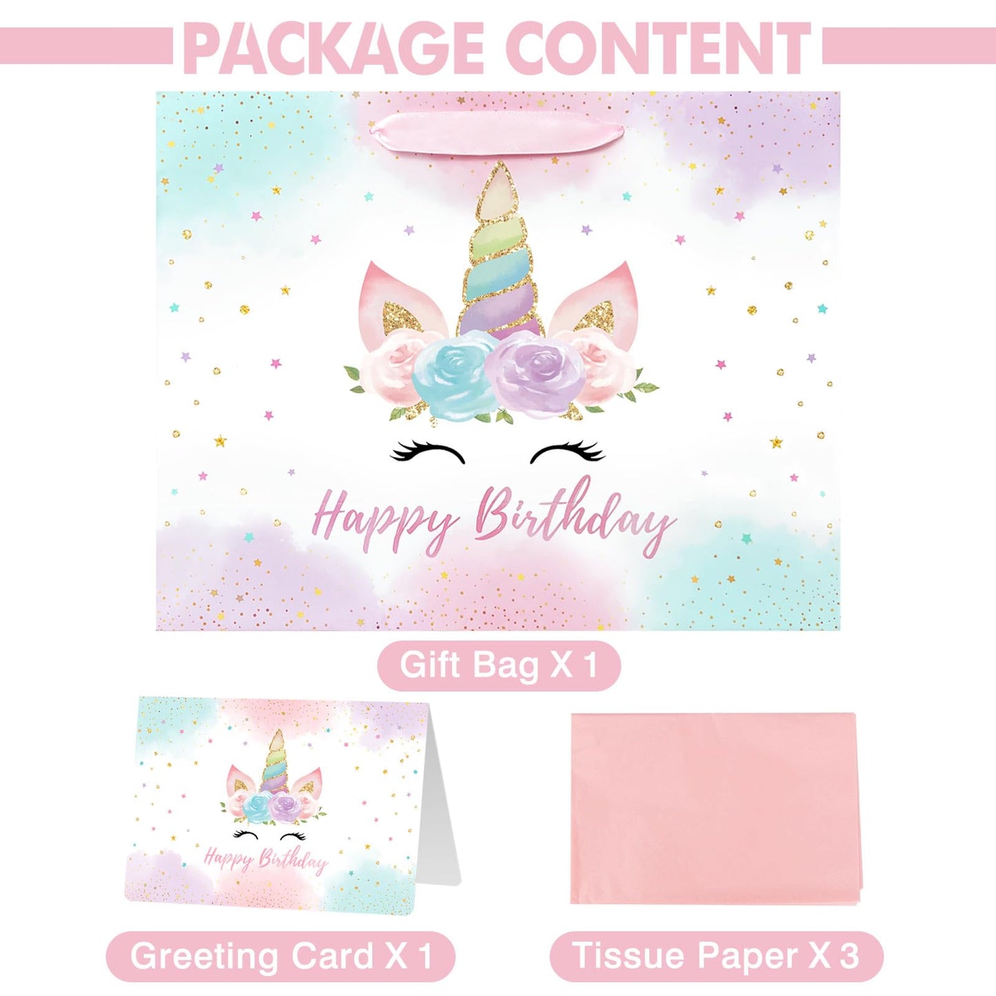 16.5" Large Unicorn Birthday Gift Bag with Card and Tissue Paper for Baby Girls and Kids Birthday (16.5 inch Pink)