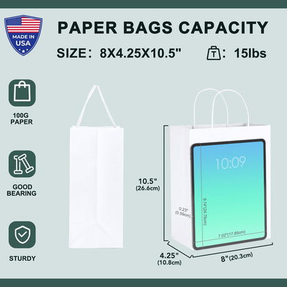 METRONIC White Paper Bags 8X4.25X10.5 20Pcs, Gift Wrap Bags with Handles, Kraft Paper Bag for Small Business, Heavy Duty Bulk Bag for Birthday Party Favors, Shopping,Take-out,Retail