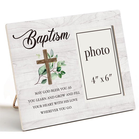 Baptism Picture Frame, Baptism Gifts for Boys, Christening Gifts for Girls, Catholic Baby Gift Wood Photo Frame, 4 x 6 Inch Photo
